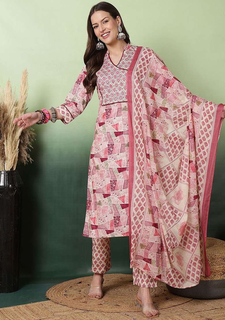 Pink Printed Blended Kurta Set - Indya