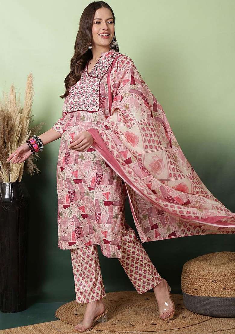 Pink Printed Blended Kurta Set - Indya