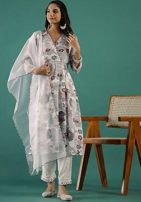 White Printed Blended Kurta Set