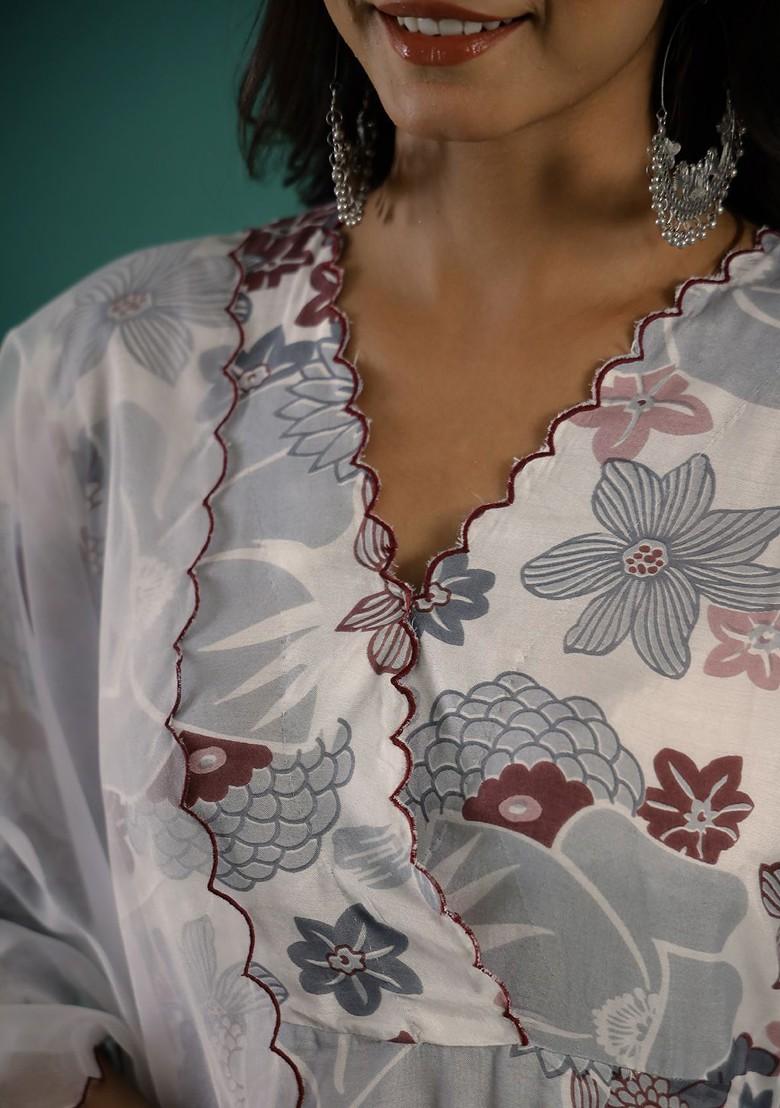 White Printed Blended Kurta Set - Indya