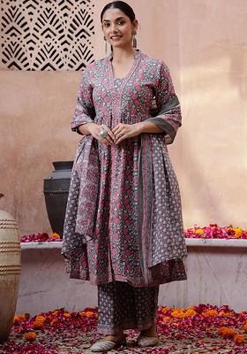 Grey Printed Blended Kurta Set