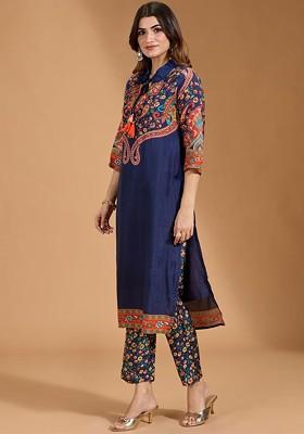 Navy Blue Printed Blended Kurta Set