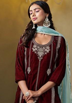 Brown Embroidered Blended Kurta Set