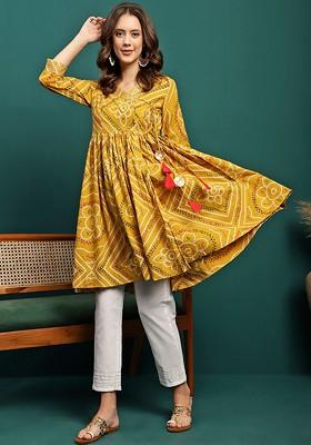 Mustard Printed Blended Kurta Set