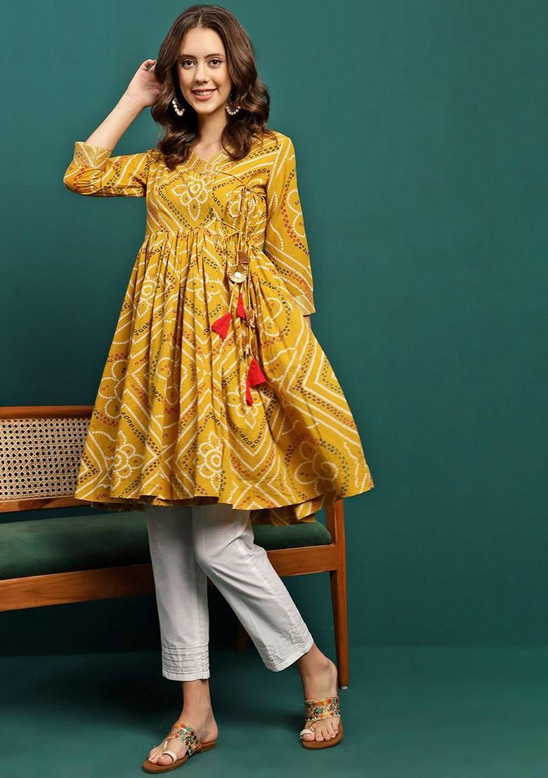 Mustard Printed Blended Kurta Set - Indya