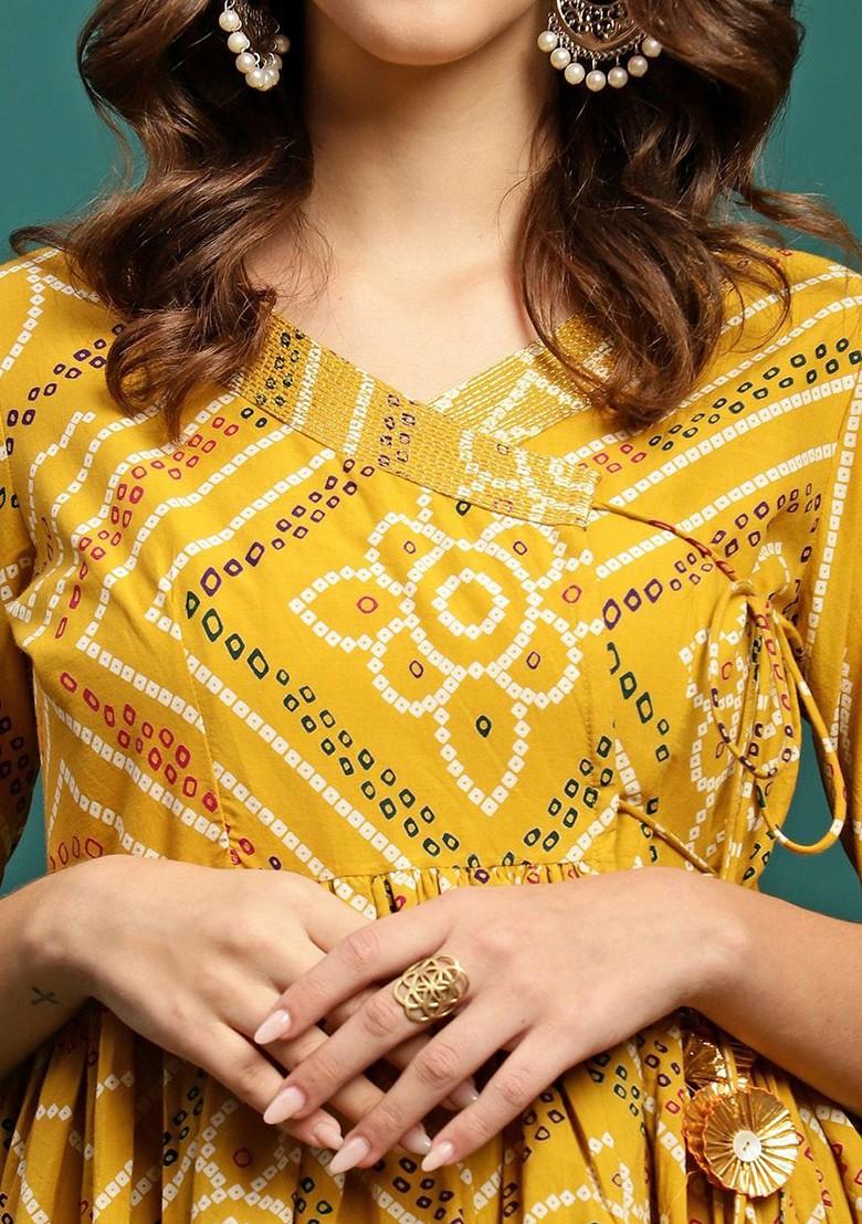 Mustard Printed Blended Kurta Set - Indya