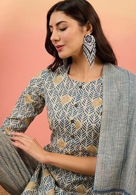 Grey Printed Blended Kurta Set