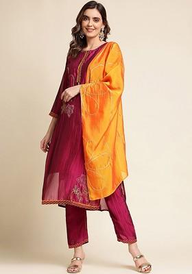 Purple Embroidered Blended Kurta Set