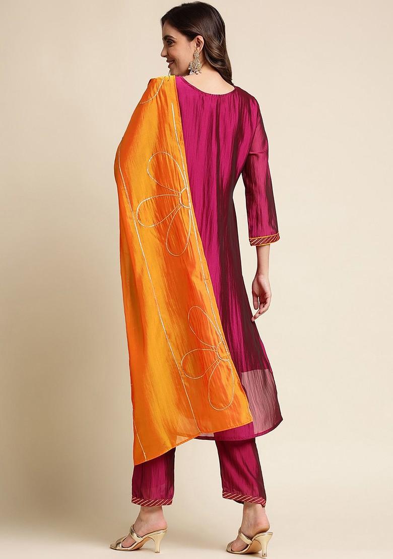 Purple Embroidered Blended Kurta Set - Indya