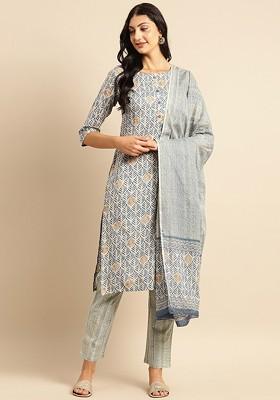 Grey Printed Blended Kurta Set