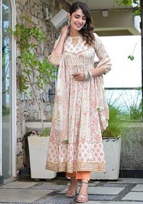 Off White Printed Blended Kurta Set