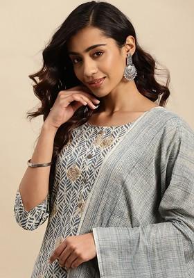 Grey Printed Blended Kurta Set