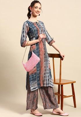 Navy Blue Printed Blended Kurta Set
