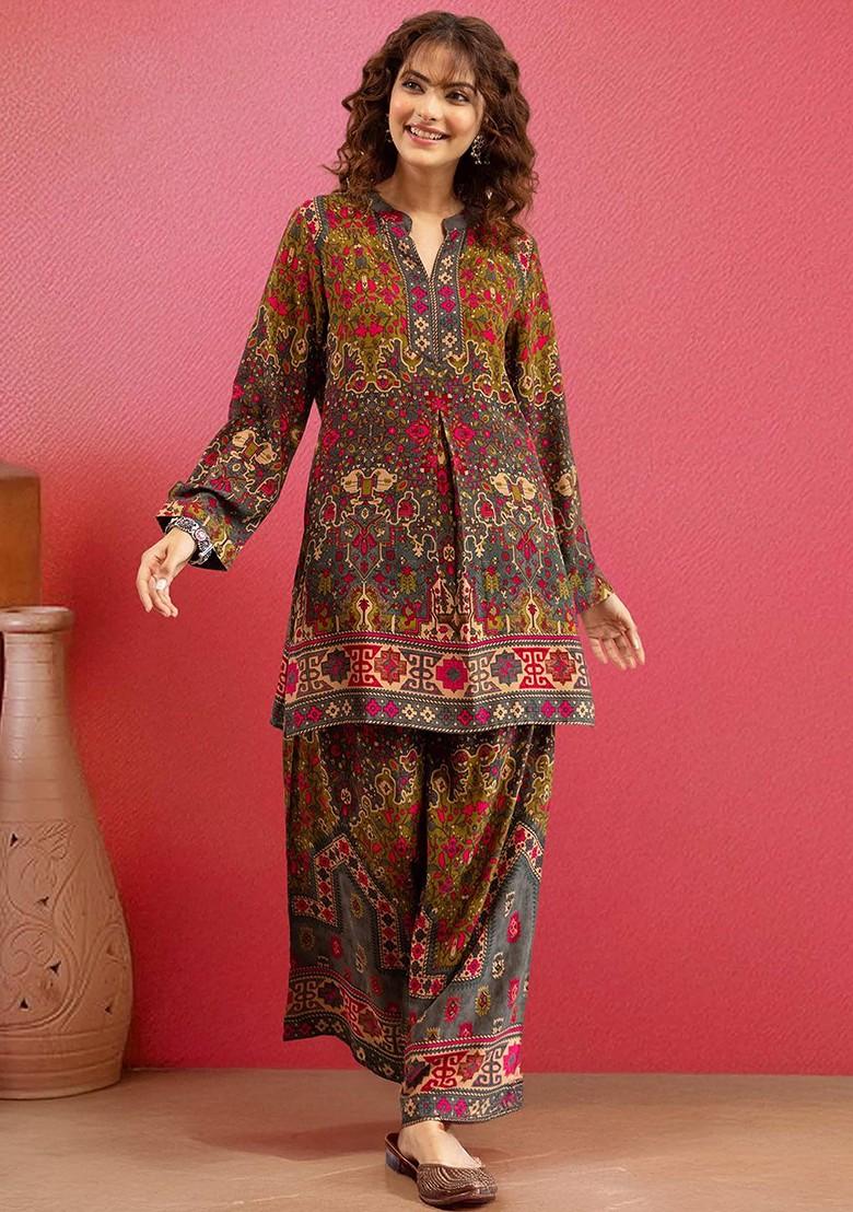 Green Printed Blended Kurta Set - Indya