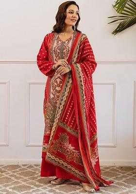 Red Printed Blended Kurta Set