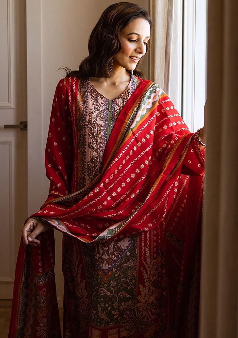 Red Printed Blended Kurta Set - Indya