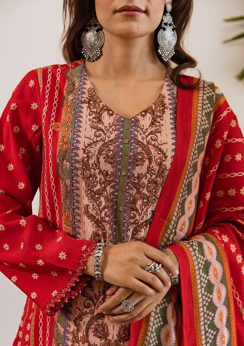 Red Printed Blended Kurta Set - Indya
