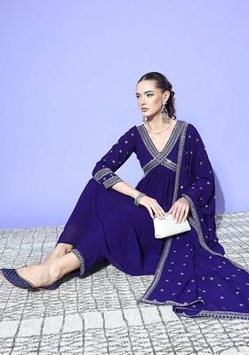 Blue Yoke Design Blended Kurta Set