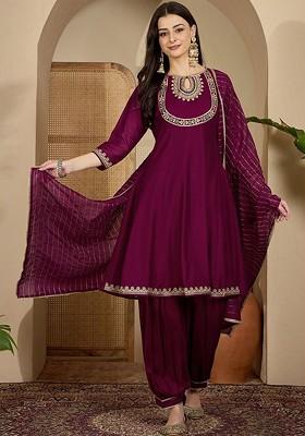Purple Yoke Design Blended Kurta Set