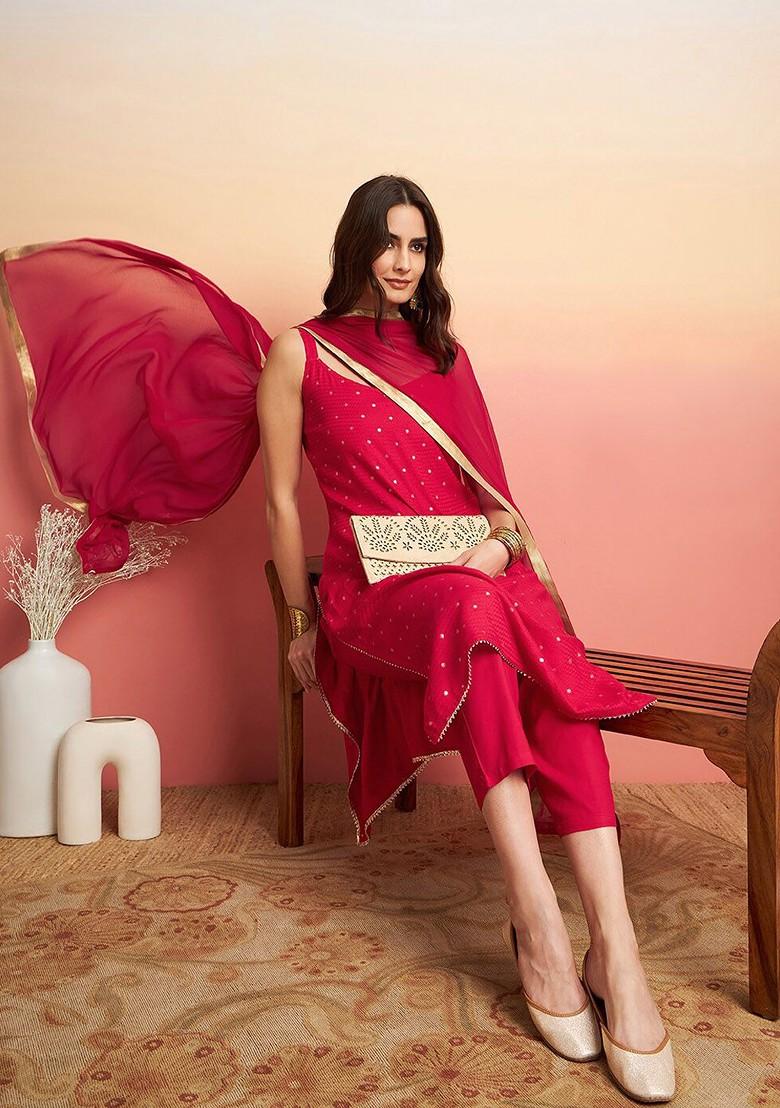 Red Embroidered Blended Kurta Set - Indya
