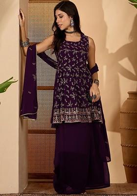 Purple Embroidered Blended Kurta Set