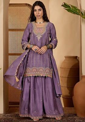 Lavender Embroidered Blended Kurta Set