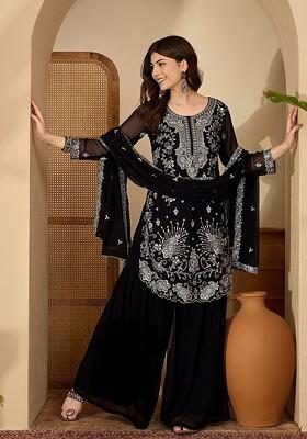 Black Embroidered Blended Kurta Set
