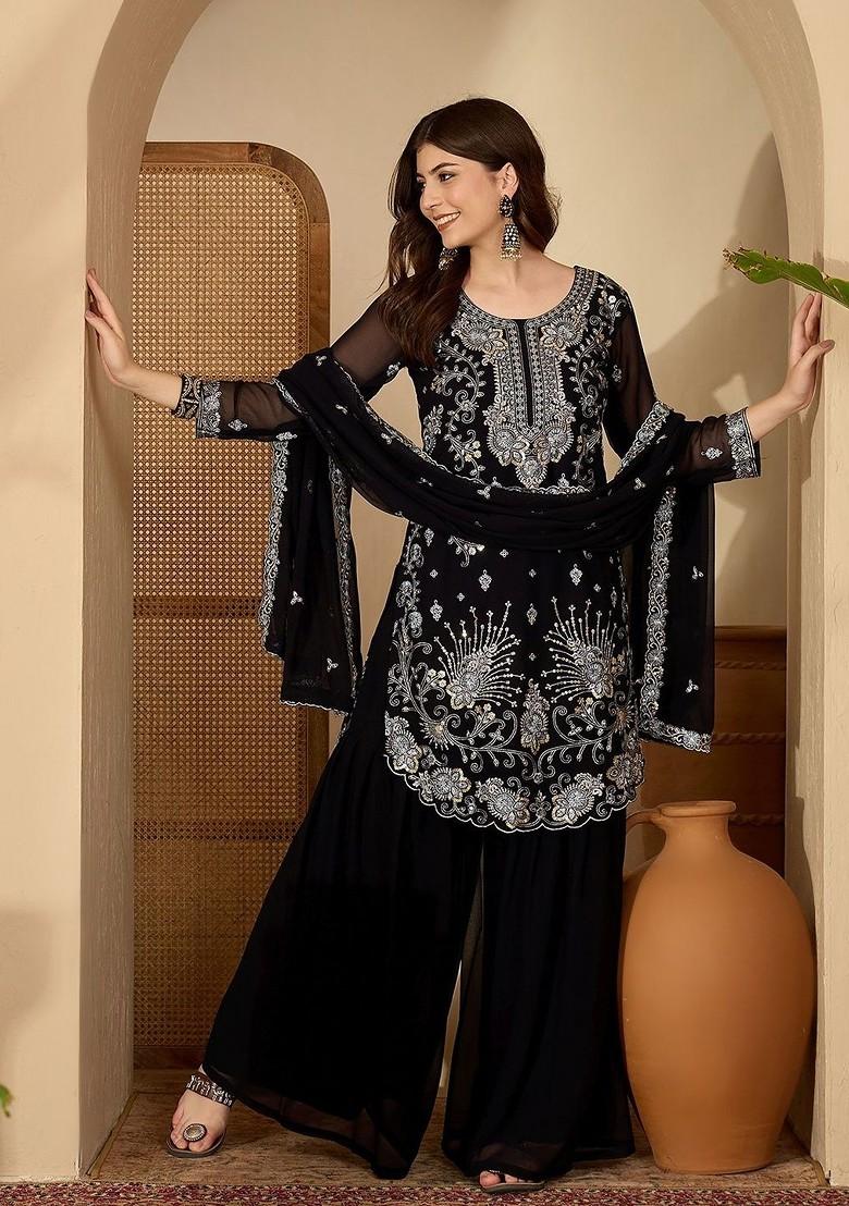 Black Embroidered Blended Kurta Set - Indya