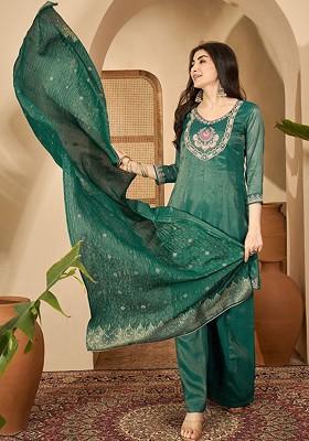 Teal Embroidered Blended Kurta Set
