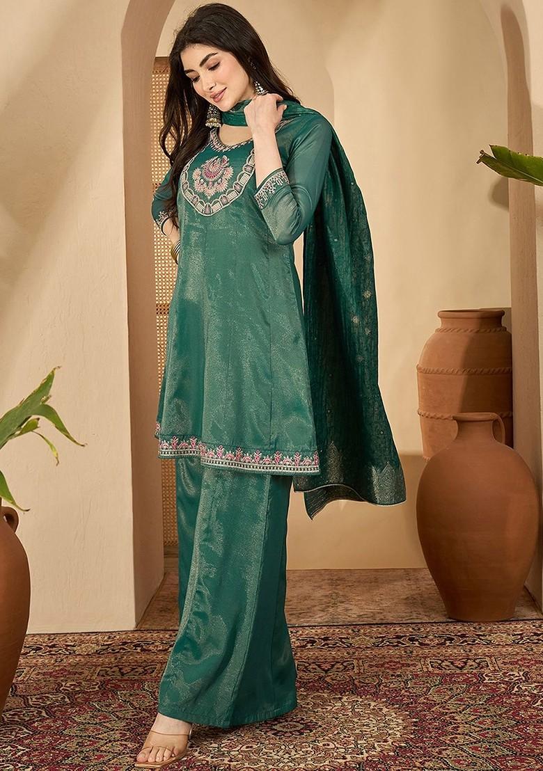 Teal Embroidered Blended Kurta Set - Indya