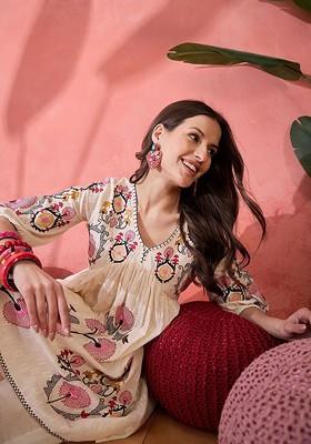 White Embroidered Blended Kurta Set