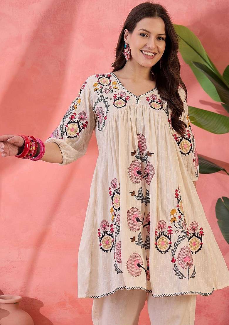 White Embroidered Blended Kurta Set - Indya