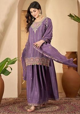 Lavender Embroidered Blended Kurta Set