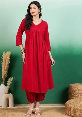 Red Embroidered Blended Kurta Set