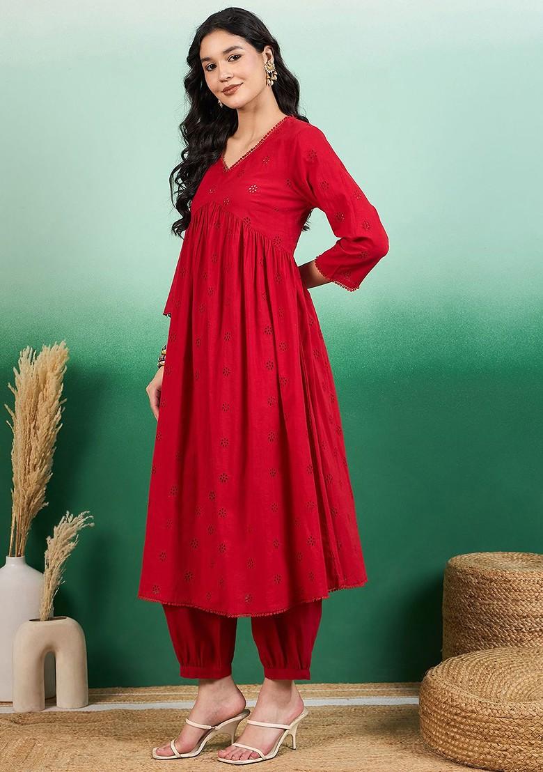 Red Embroidered Blended Kurta Set - Indya