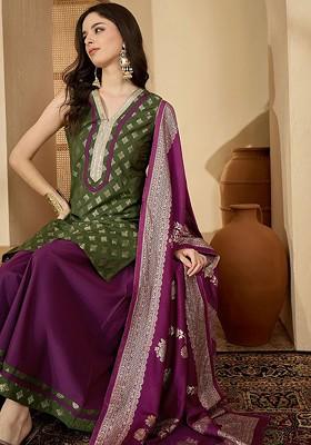 Olive Woven Design Blended Kurta Set