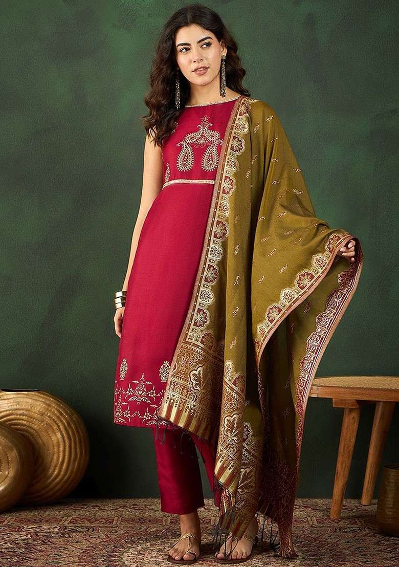 Maroon Printed Blended Kurta Set - Indya