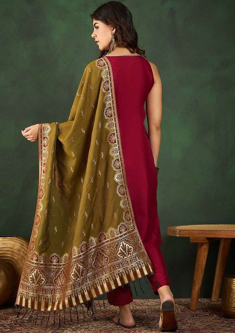 Maroon Printed Blended Kurta Set - Indya