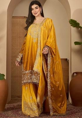 Mustard Embroidered Blended Kurta Set
