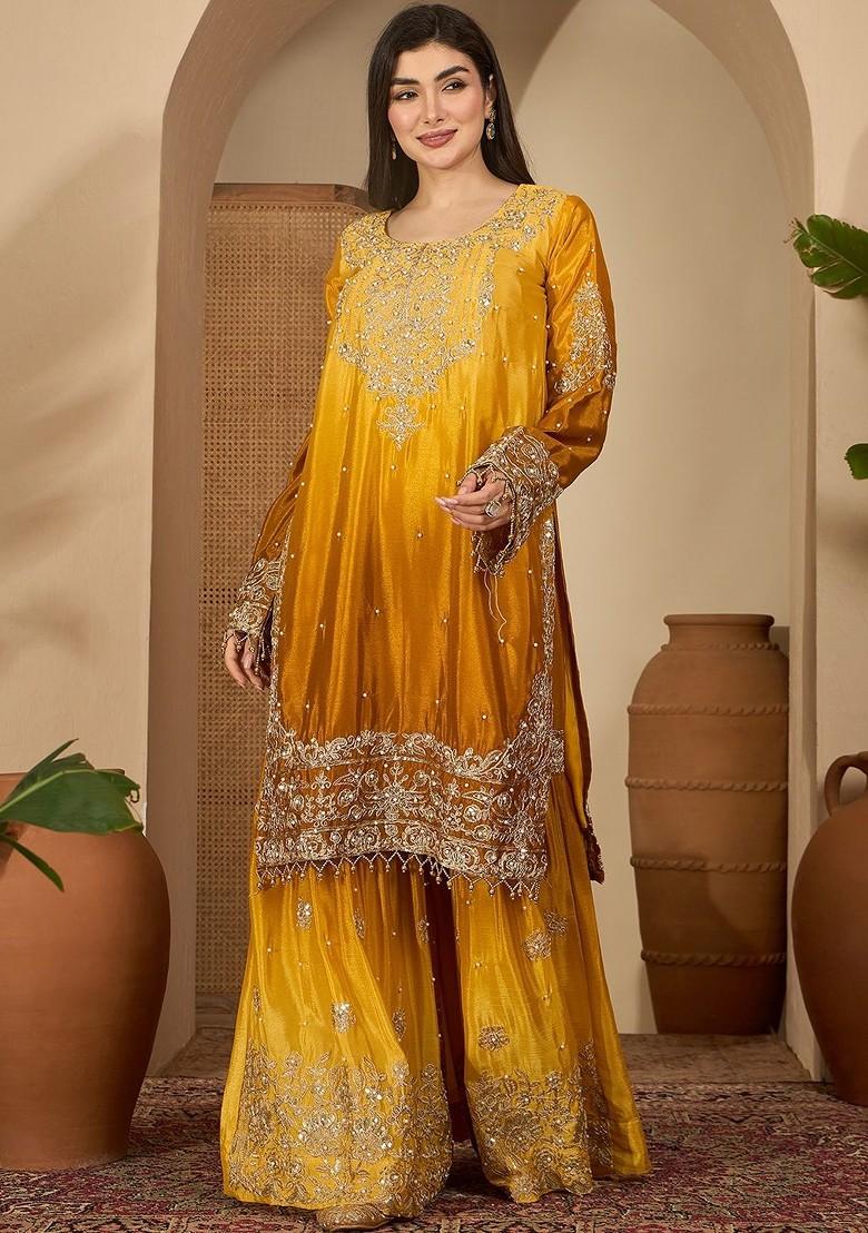 Mustard Embroidered Blended Kurta Set - Indya