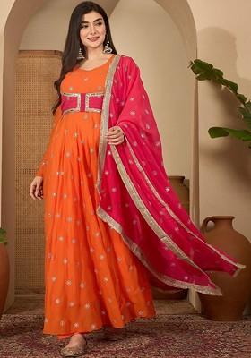 Orange Printed Blended Kurta Set