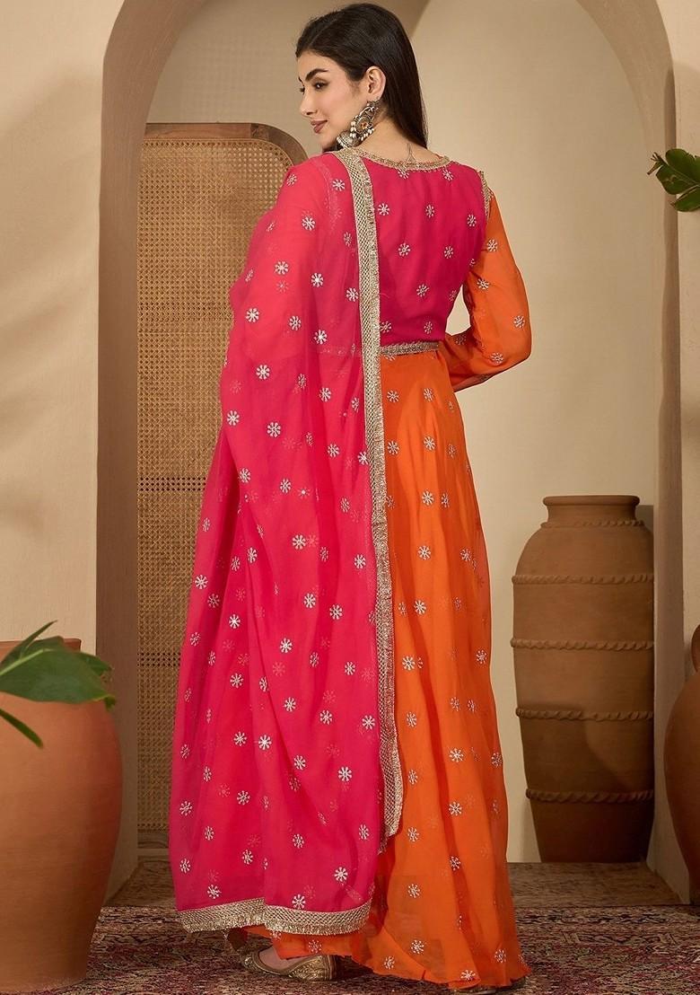 Orange Printed Blended Kurta Set - Indya