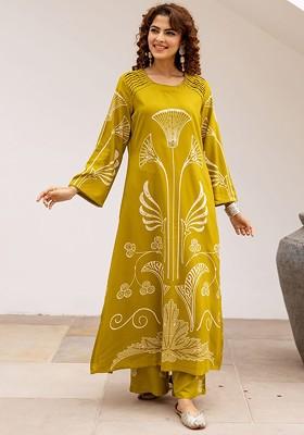 Lime Green Printed Blended Kurta Set