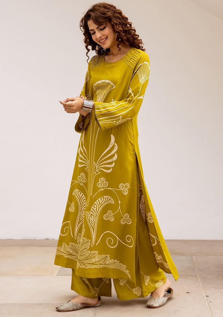 Lime Green Printed Blended Kurta Set - Indya