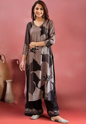Black Printed Blended Kurta Set