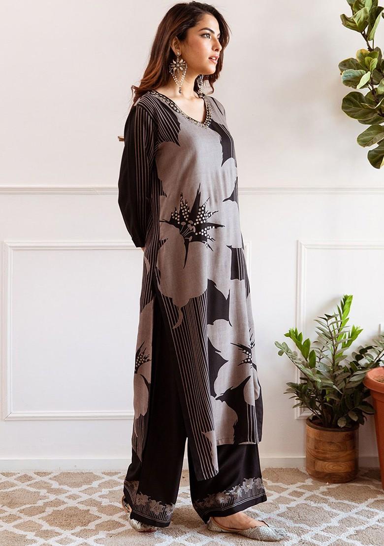 Black Printed Blended Kurta Set - Indya