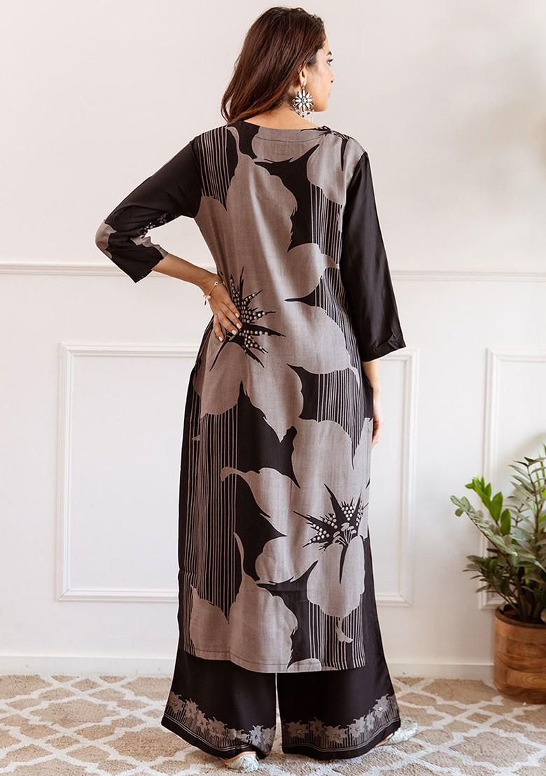 Black Printed Blended Kurta Set - Indya