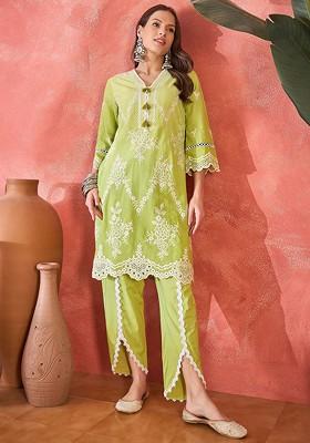 Green Embroidered Blended Kurta Set