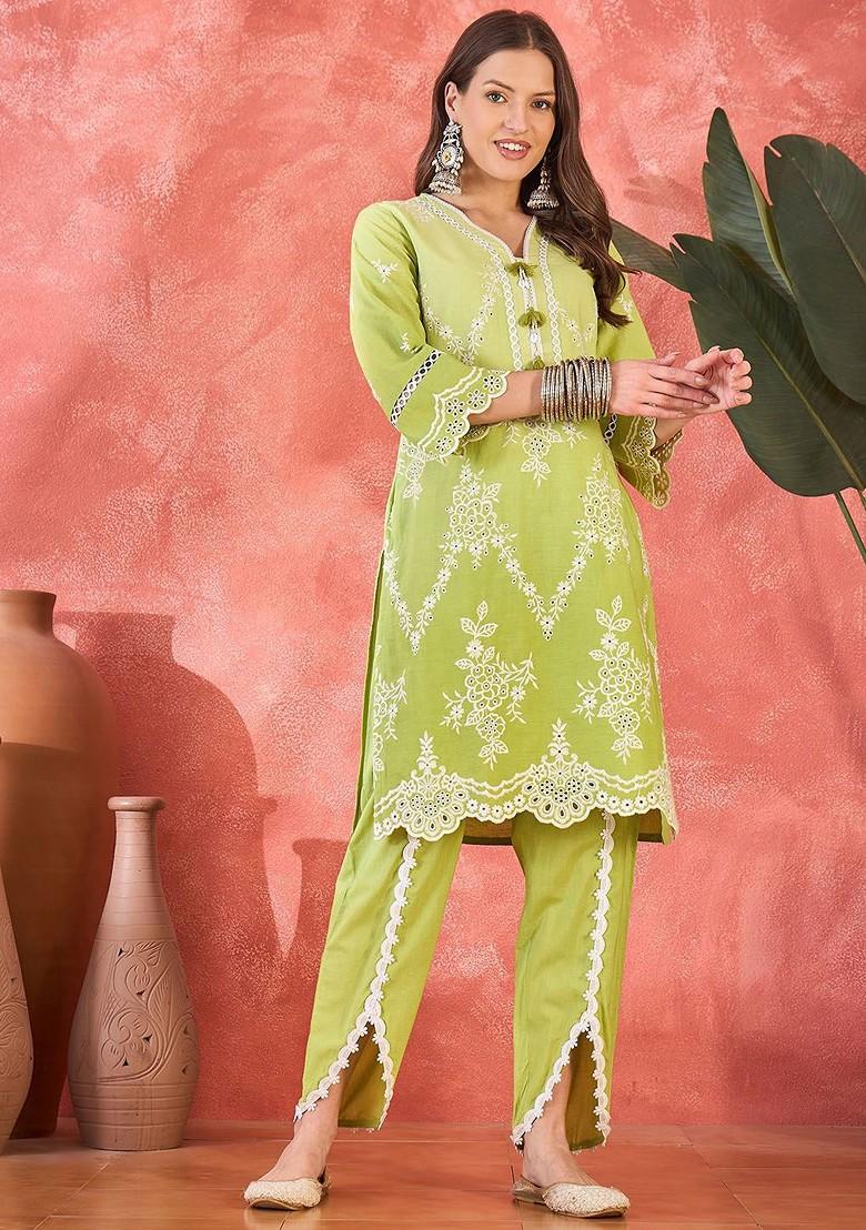 Green Embroidered Blended Kurta Set - Indya
