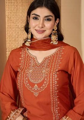 Rust Embroidered Blended Kurta Set